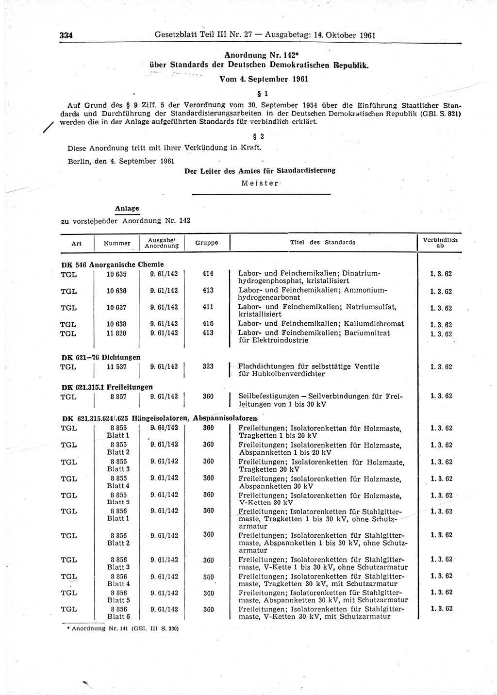 Gesetzblatt (GBl.) der Deutschen Demokratischen Republik (DDR) Teil ⅠⅠⅠ 1961, Seite 334 (GBl. DDR ⅠⅠⅠ 1961, S. 334)