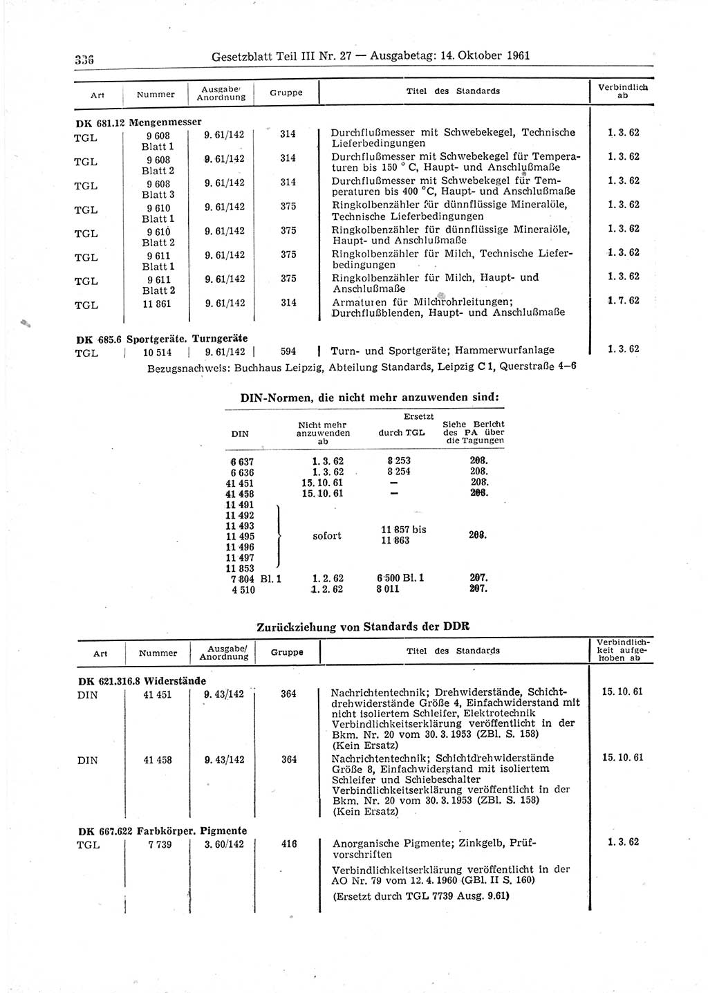 Gesetzblatt (GBl.) der Deutschen Demokratischen Republik (DDR) Teil ⅠⅠⅠ 1961, Seite 336 (GBl. DDR ⅠⅠⅠ 1961, S. 336)