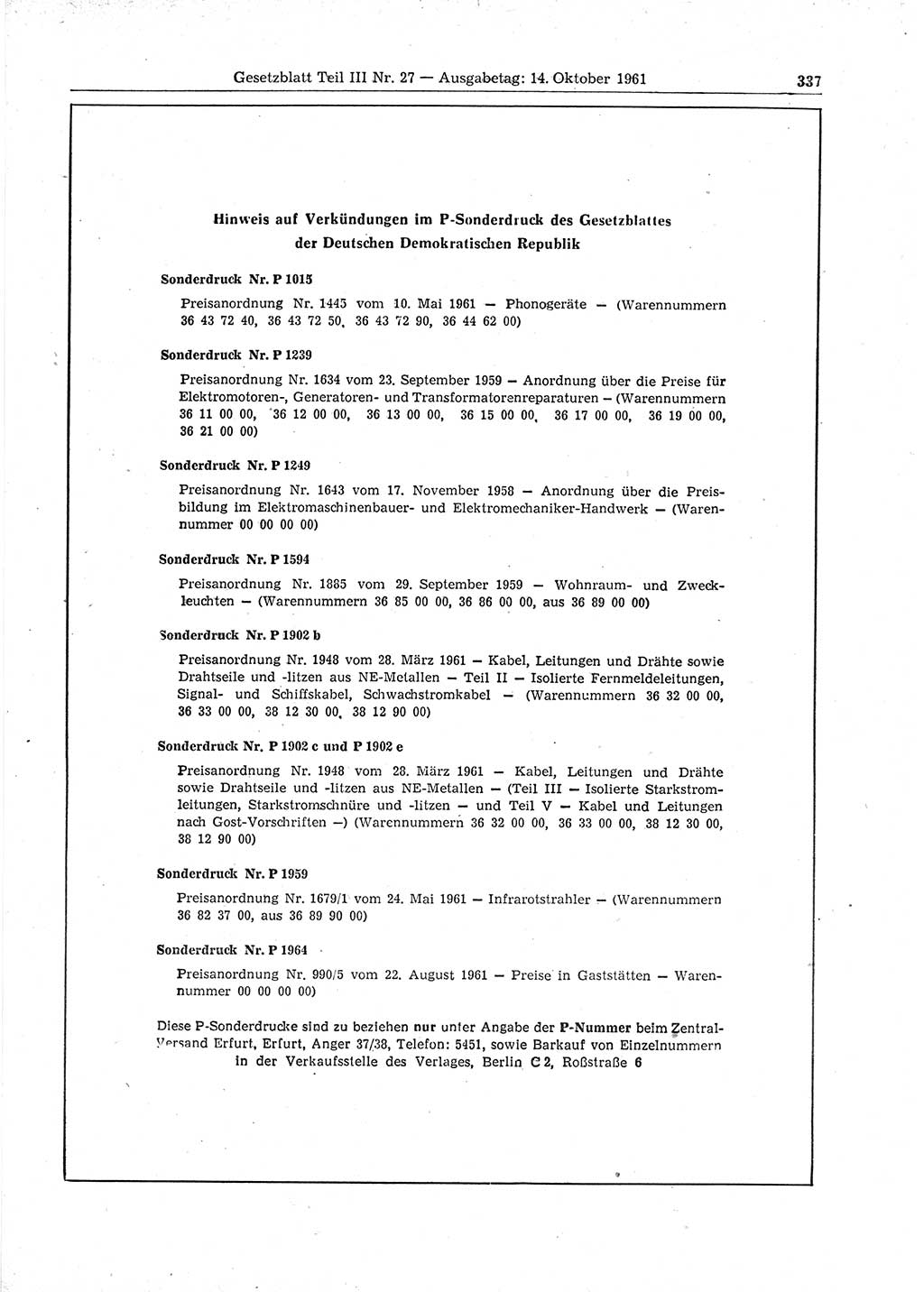 Gesetzblatt (GBl.) der Deutschen Demokratischen Republik (DDR) Teil ⅠⅠⅠ 1961, Seite 337 (GBl. DDR ⅠⅠⅠ 1961, S. 337)