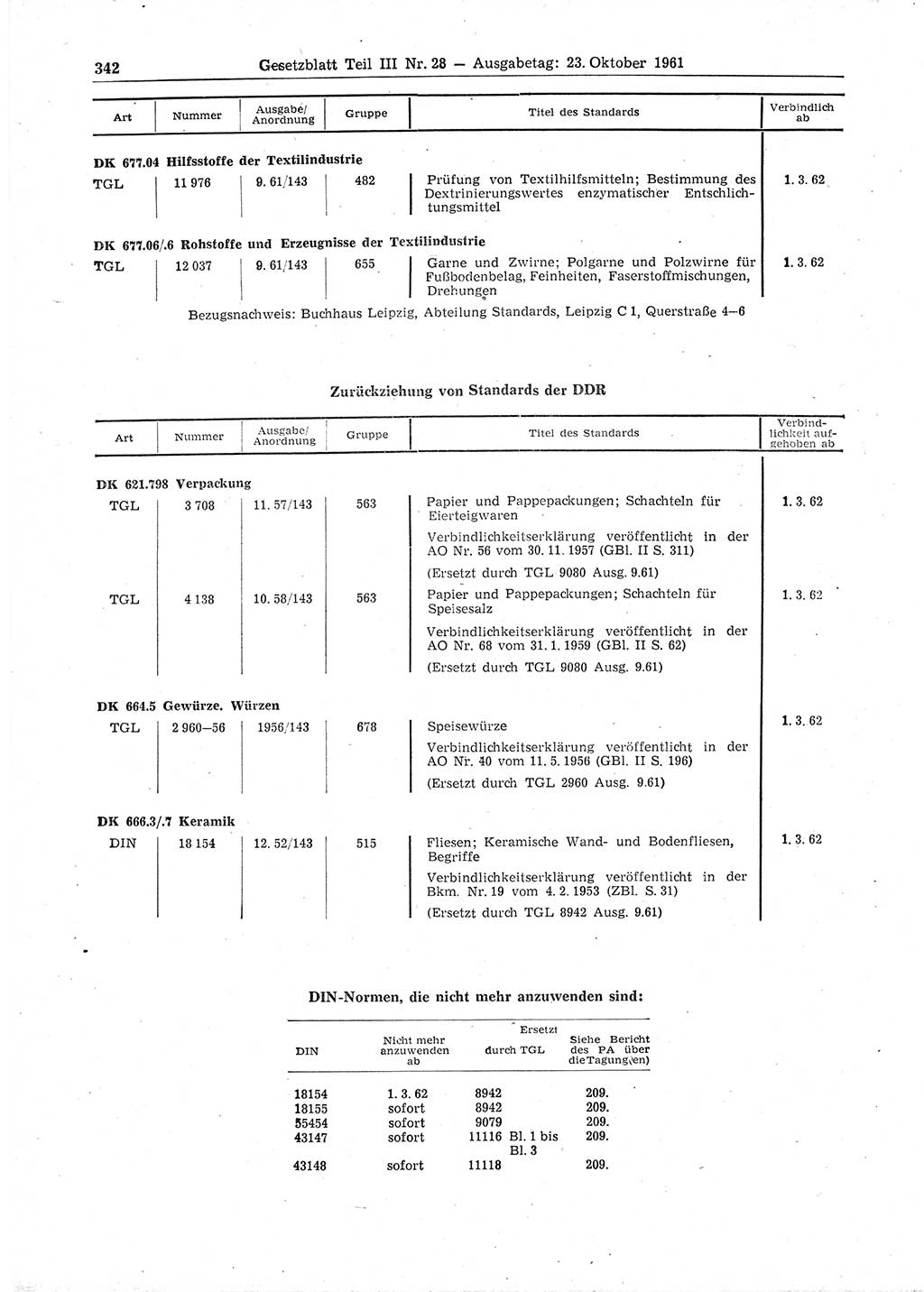 Gesetzblatt (GBl.) der Deutschen Demokratischen Republik (DDR) Teil ⅠⅠⅠ 1961, Seite 342 (GBl. DDR ⅠⅠⅠ 1961, S. 342)