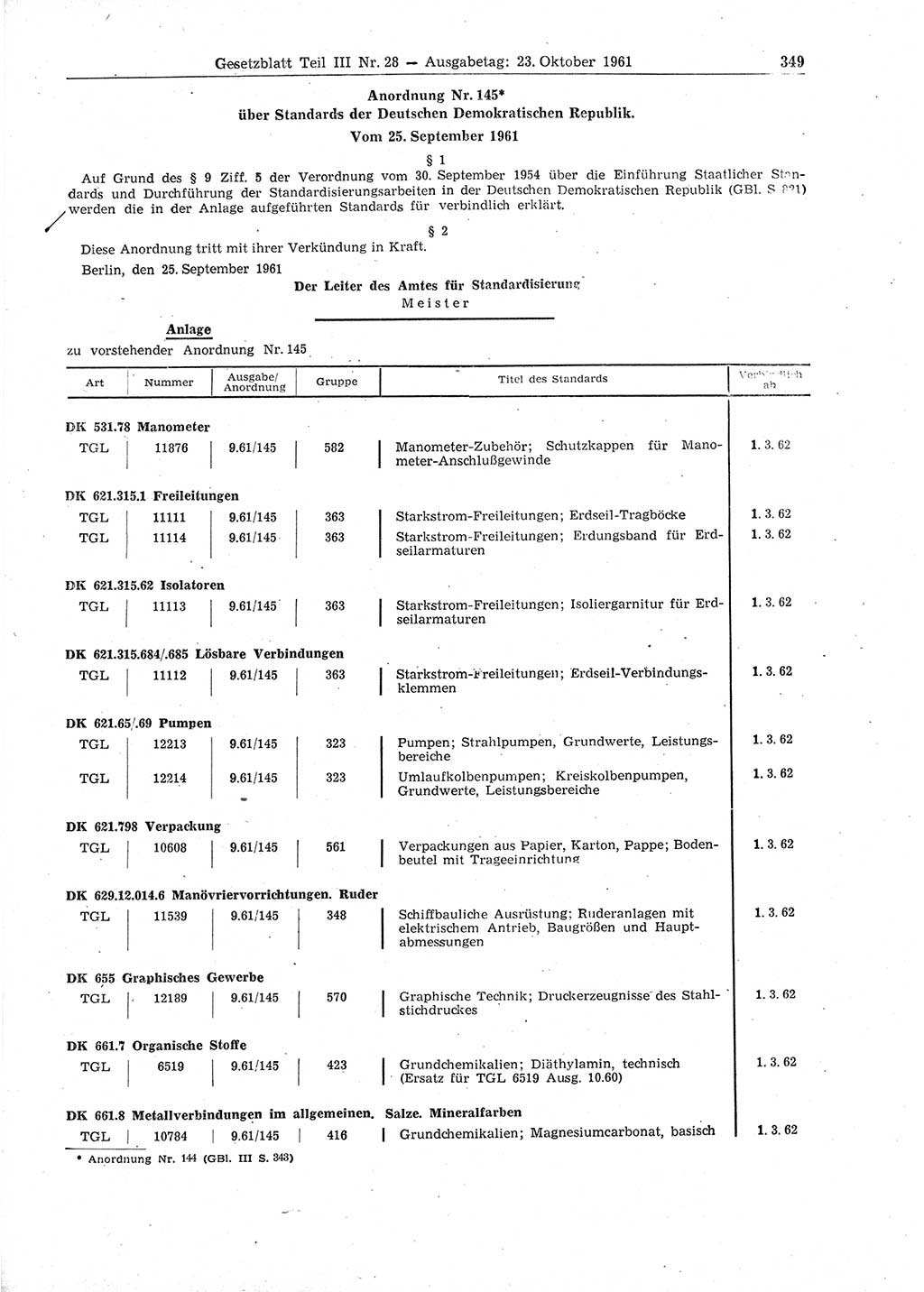 Gesetzblatt (GBl.) der Deutschen Demokratischen Republik (DDR) Teil ⅠⅠⅠ 1961, Seite 349 (GBl. DDR ⅠⅠⅠ 1961, S. 349)