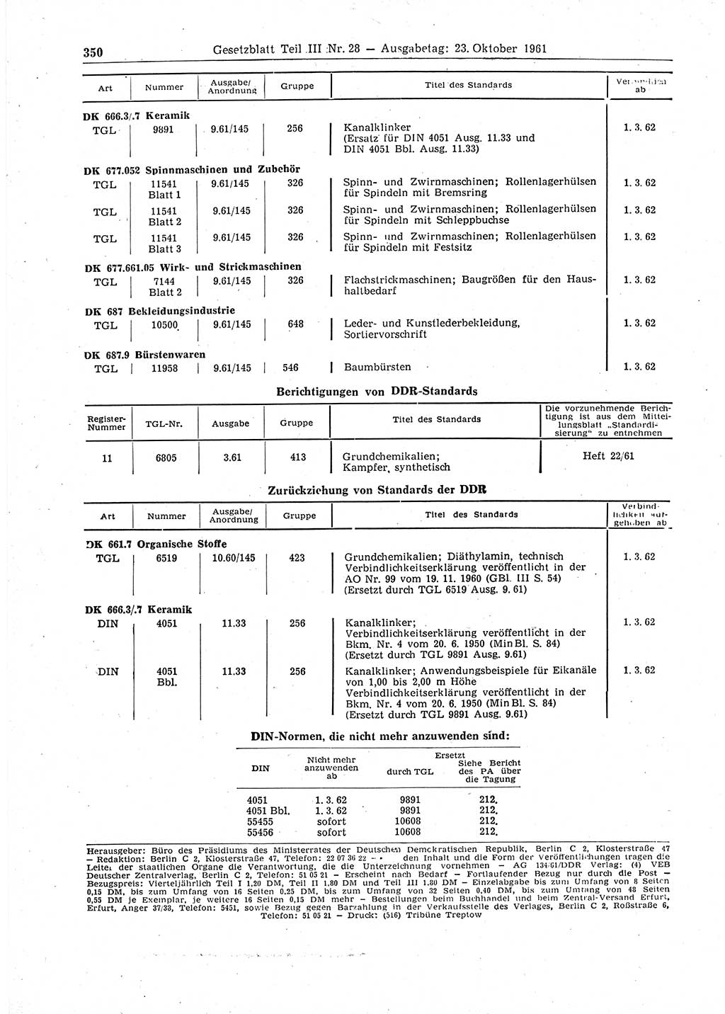 Gesetzblatt (GBl.) der Deutschen Demokratischen Republik (DDR) Teil ⅠⅠⅠ 1961, Seite 350 (GBl. DDR ⅠⅠⅠ 1961, S. 350)