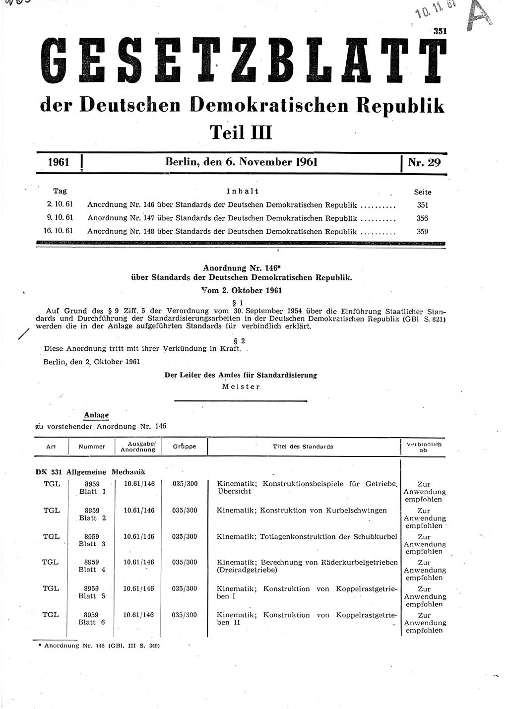 Gesetzblatt (GBl.) der Deutschen Demokratischen Republik (DDR) Teil ⅠⅠⅠ 1961, Seite 351 (GBl. DDR ⅠⅠⅠ 1961, S. 351)