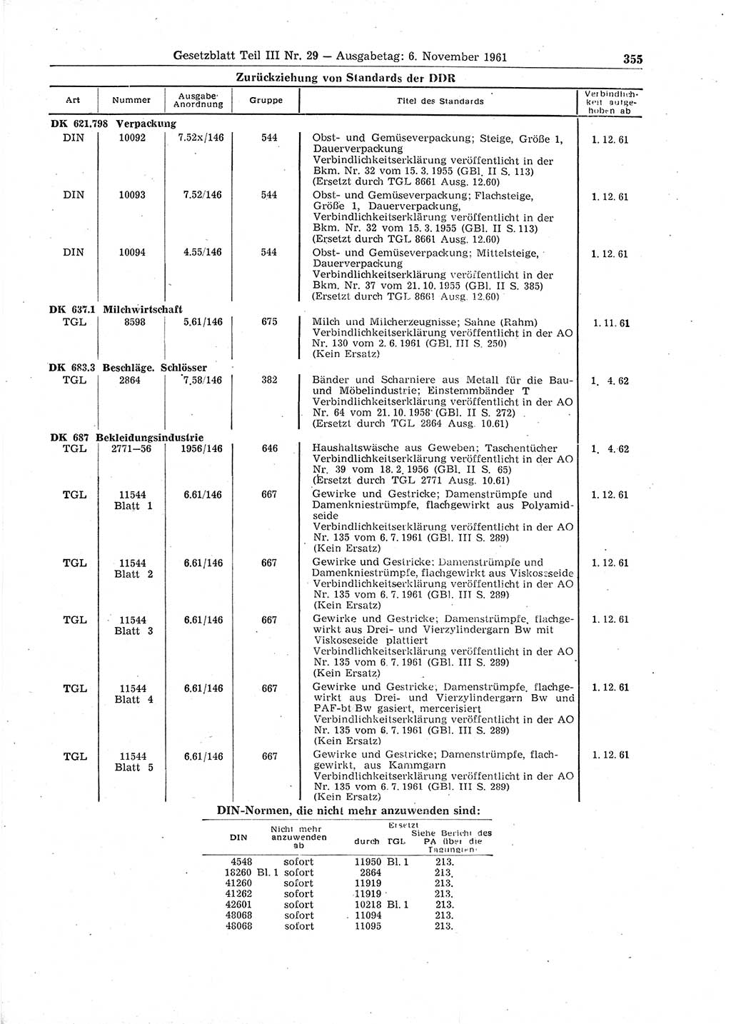 Gesetzblatt (GBl.) der Deutschen Demokratischen Republik (DDR) Teil ⅠⅠⅠ 1961, Seite 355 (GBl. DDR ⅠⅠⅠ 1961, S. 355)
