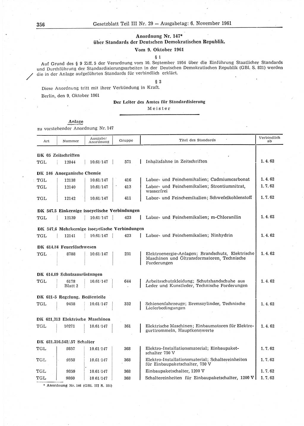 Gesetzblatt (GBl.) der Deutschen Demokratischen Republik (DDR) Teil ⅠⅠⅠ 1961, Seite 356 (GBl. DDR ⅠⅠⅠ 1961, S. 356)