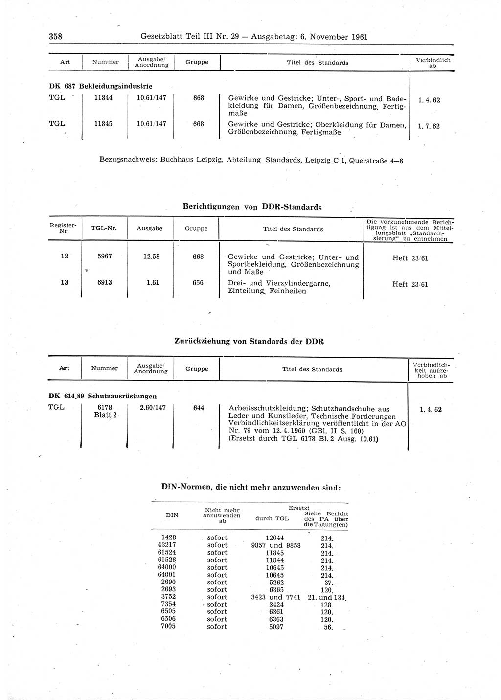 Gesetzblatt (GBl.) der Deutschen Demokratischen Republik (DDR) Teil ⅠⅠⅠ 1961, Seite 358 (GBl. DDR ⅠⅠⅠ 1961, S. 358)
