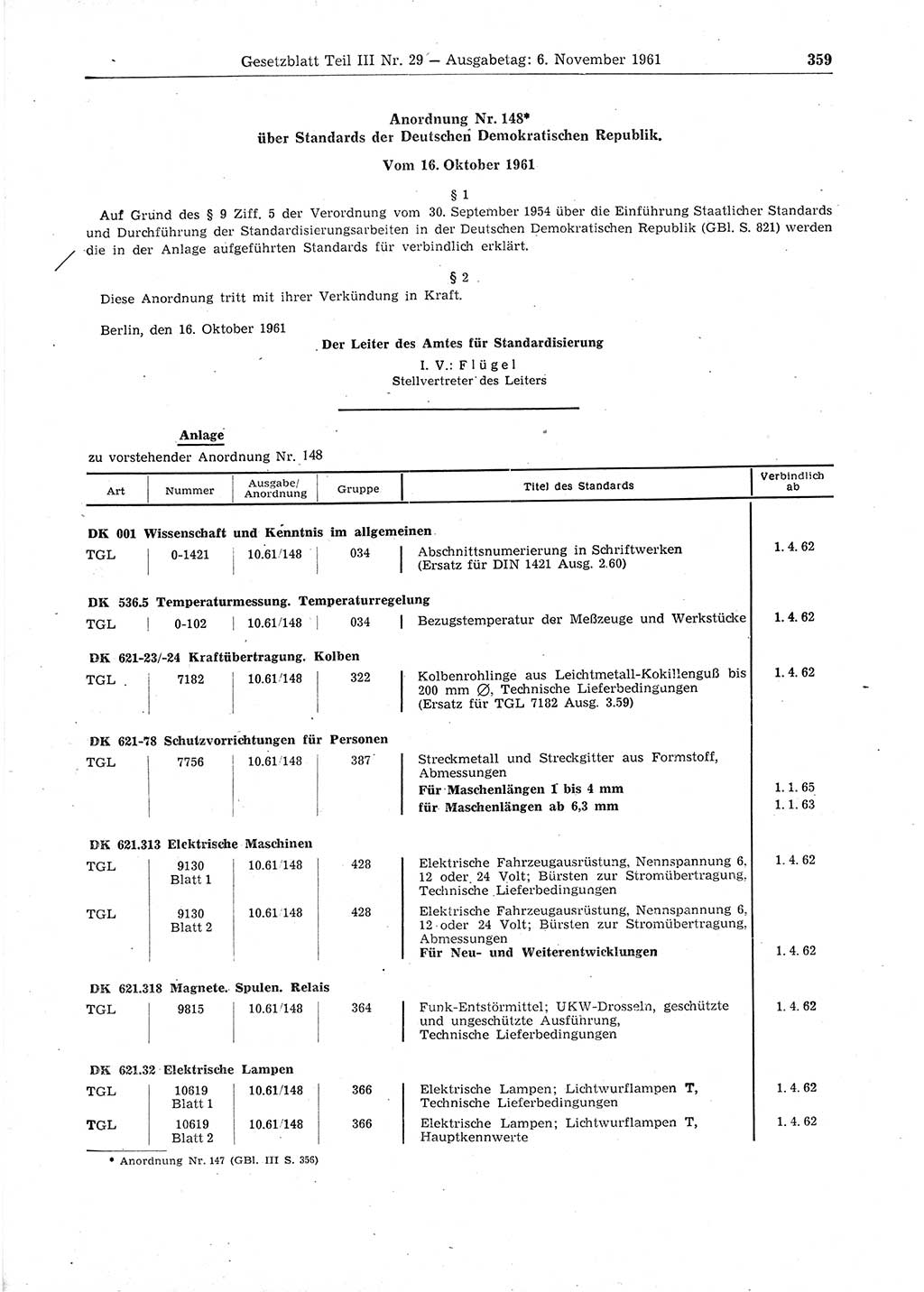 Gesetzblatt (GBl.) der Deutschen Demokratischen Republik (DDR) Teil ⅠⅠⅠ 1961, Seite 359 (GBl. DDR ⅠⅠⅠ 1961, S. 359)