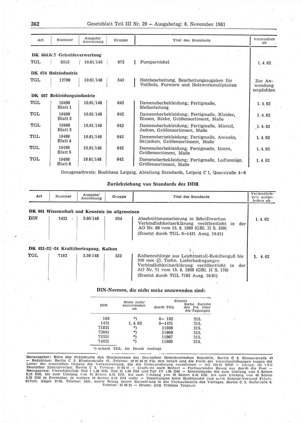 Gesetzblatt (GBl.) der Deutschen Demokratischen Republik (DDR) Teil ⅠⅠⅠ 1961, Seite 362 (GBl. DDR ⅠⅠⅠ 1961, S. 362)