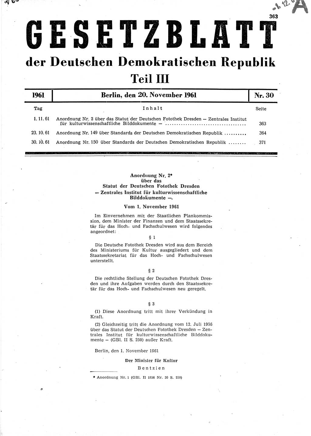 Gesetzblatt (GBl.) der Deutschen Demokratischen Republik (DDR) Teil ⅠⅠⅠ 1961, Seite 363 (GBl. DDR ⅠⅠⅠ 1961, S. 363)