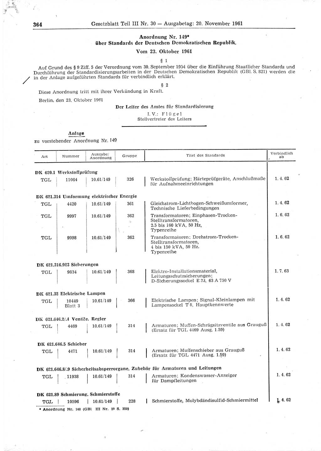 Gesetzblatt (GBl.) der Deutschen Demokratischen Republik (DDR) Teil ⅠⅠⅠ 1961, Seite 364 (GBl. DDR ⅠⅠⅠ 1961, S. 364)