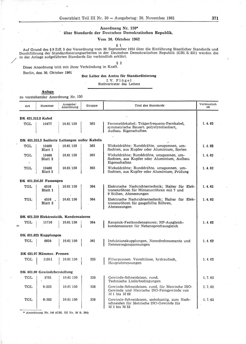 Gesetzblatt (GBl.) der Deutschen Demokratischen Republik (DDR) Teil ⅠⅠⅠ 1961, Seite 371 (GBl. DDR ⅠⅠⅠ 1961, S. 371)