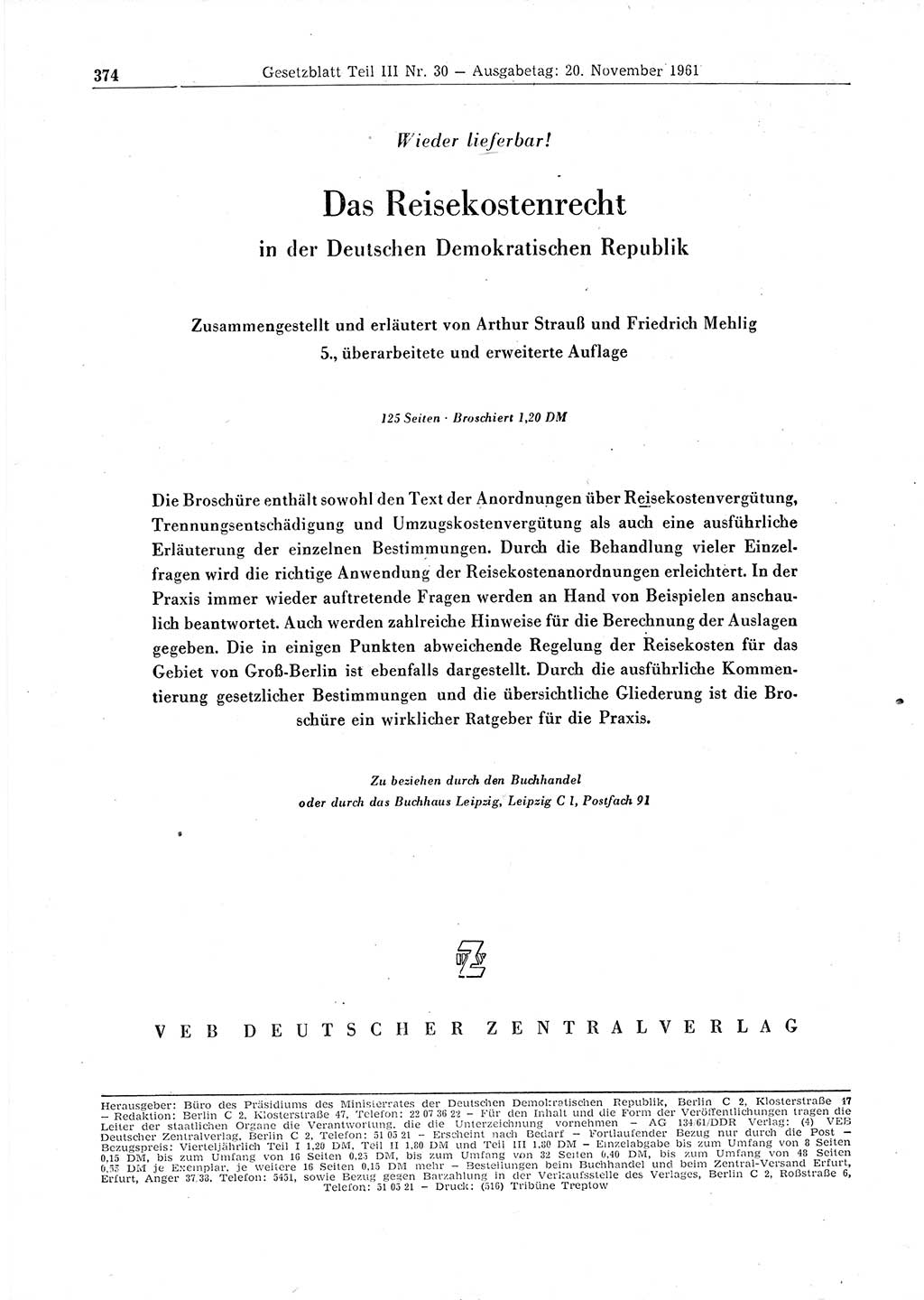 Gesetzblatt (GBl.) der Deutschen Demokratischen Republik (DDR) Teil ⅠⅠⅠ 1961, Seite 374 (GBl. DDR ⅠⅠⅠ 1961, S. 374)