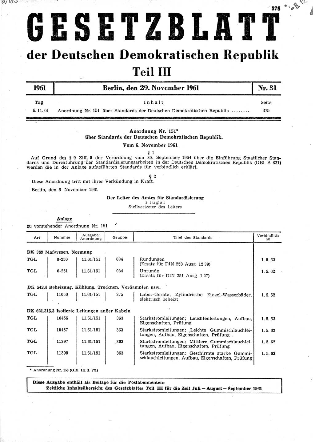 Gesetzblatt (GBl.) der Deutschen Demokratischen Republik (DDR) Teil ⅠⅠⅠ 1961, Seite 375 (GBl. DDR ⅠⅠⅠ 1961, S. 375)