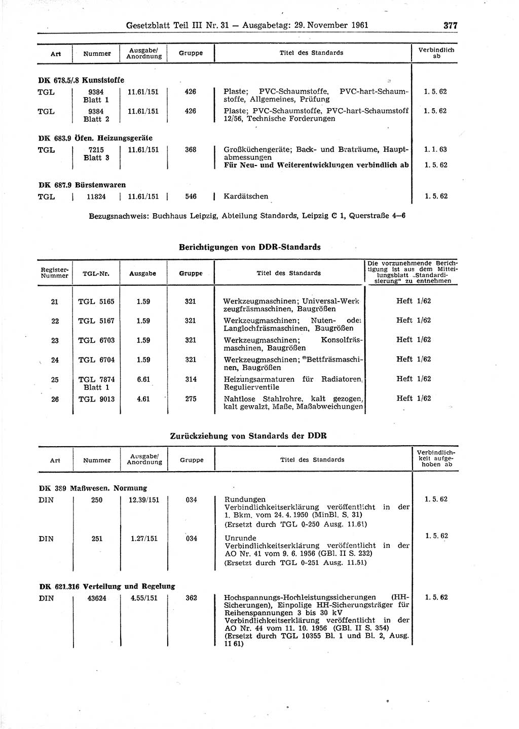 Gesetzblatt (GBl.) der Deutschen Demokratischen Republik (DDR) Teil ⅠⅠⅠ 1961, Seite 377 (GBl. DDR ⅠⅠⅠ 1961, S. 377)