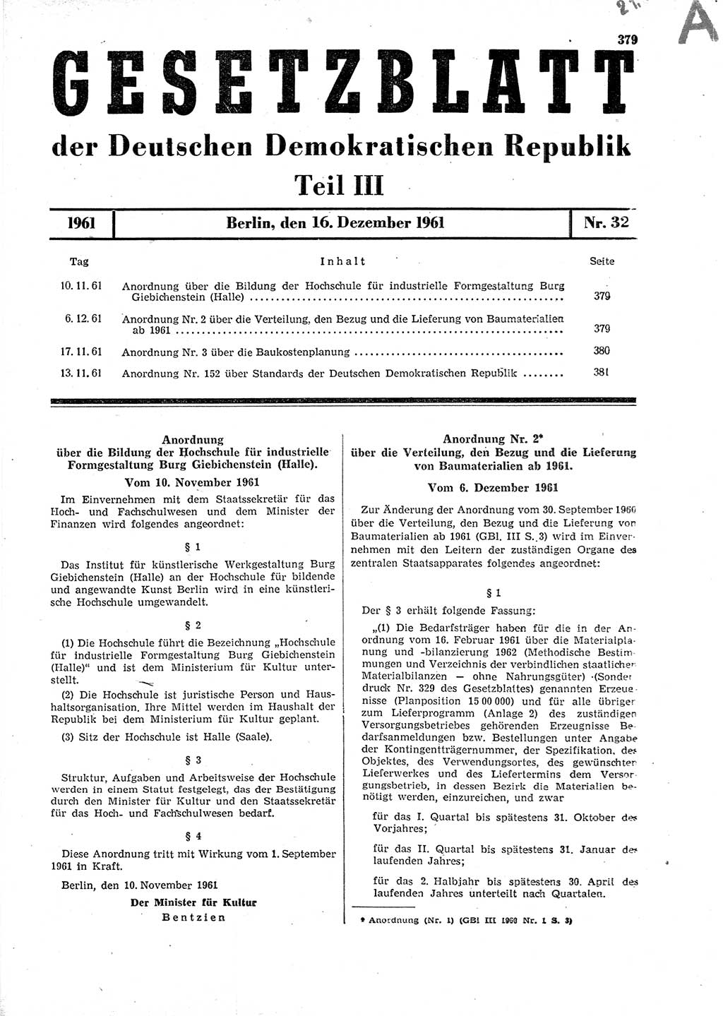 Gesetzblatt (GBl.) der Deutschen Demokratischen Republik (DDR) Teil ⅠⅠⅠ 1961, Seite 379 (GBl. DDR ⅠⅠⅠ 1961, S. 379)