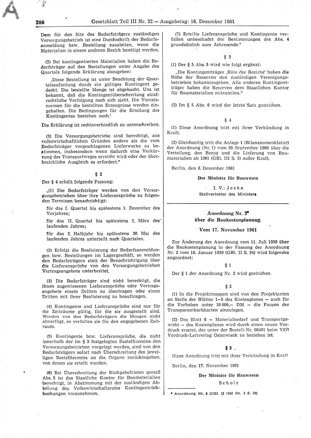 Gesetzblatt (GBl.) der Deutschen Demokratischen Republik (DDR) Teil ⅠⅠⅠ 1961, Seite 380 (GBl. DDR ⅠⅠⅠ 1961, S. 380)
