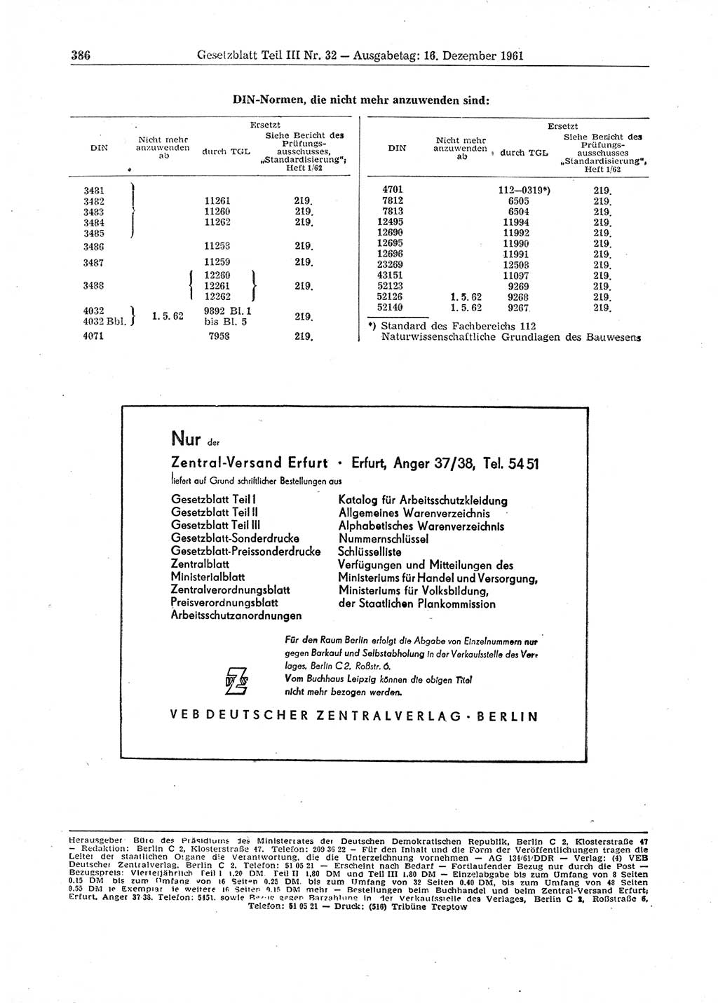 Gesetzblatt (GBl.) der Deutschen Demokratischen Republik (DDR) Teil ⅠⅠⅠ 1961, Seite 386 (GBl. DDR ⅠⅠⅠ 1961, S. 386)