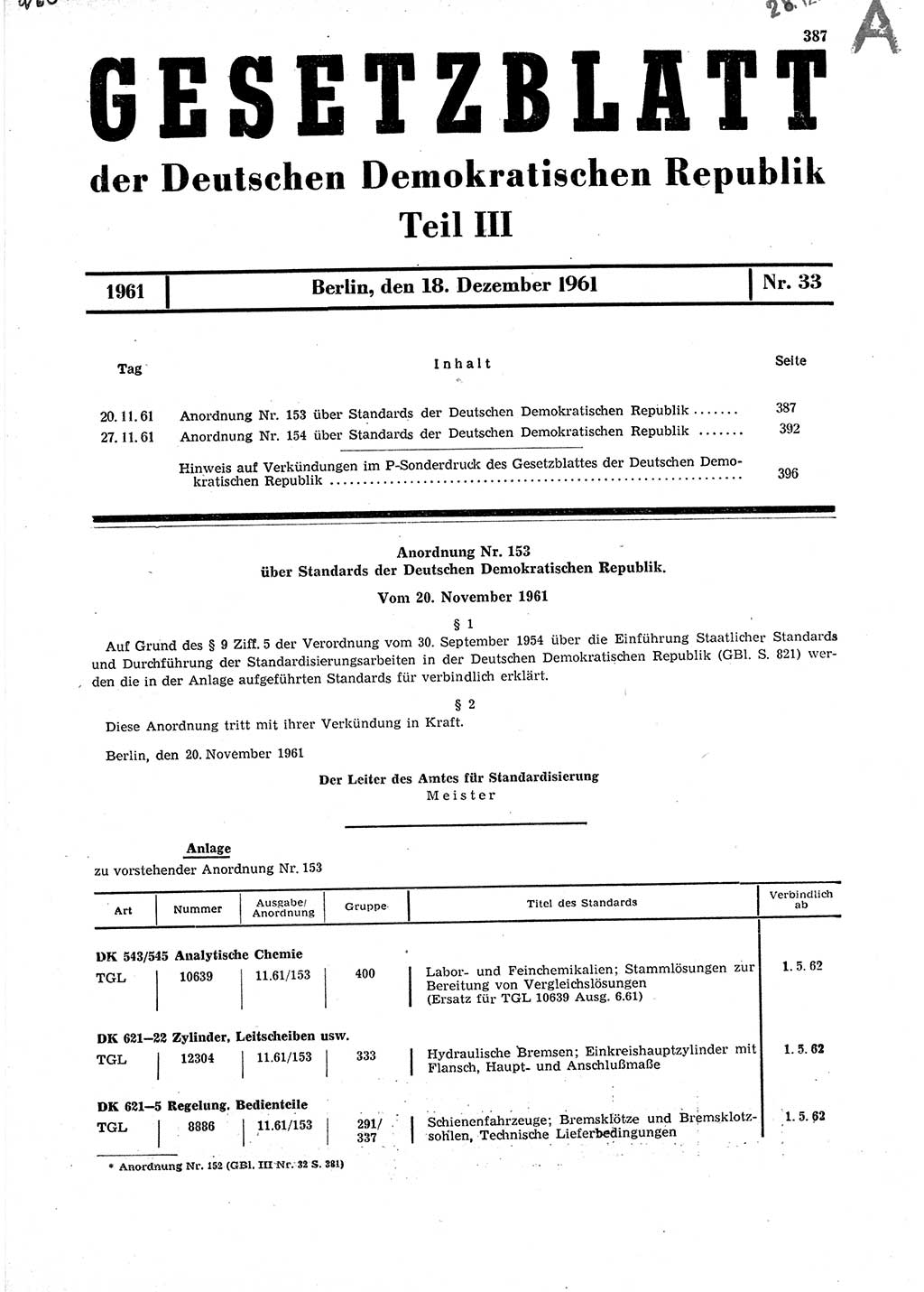 Gesetzblatt (GBl.) der Deutschen Demokratischen Republik (DDR) Teil ⅠⅠⅠ 1961, Seite 387 (GBl. DDR ⅠⅠⅠ 1961, S. 387)