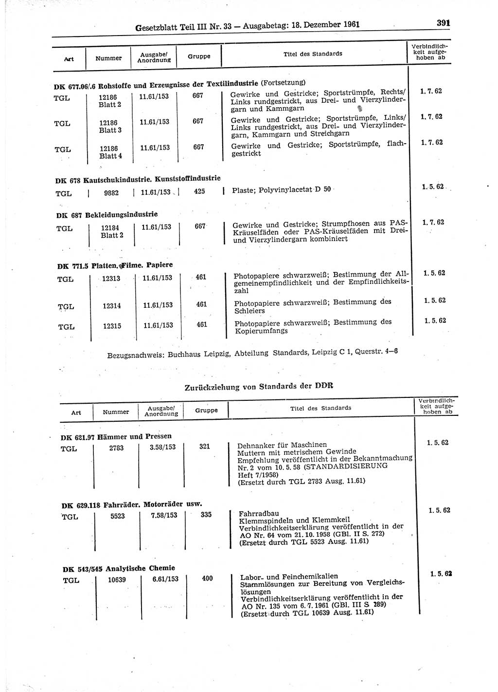 Gesetzblatt (GBl.) der Deutschen Demokratischen Republik (DDR) Teil ⅠⅠⅠ 1961, Seite 391 (GBl. DDR ⅠⅠⅠ 1961, S. 391)