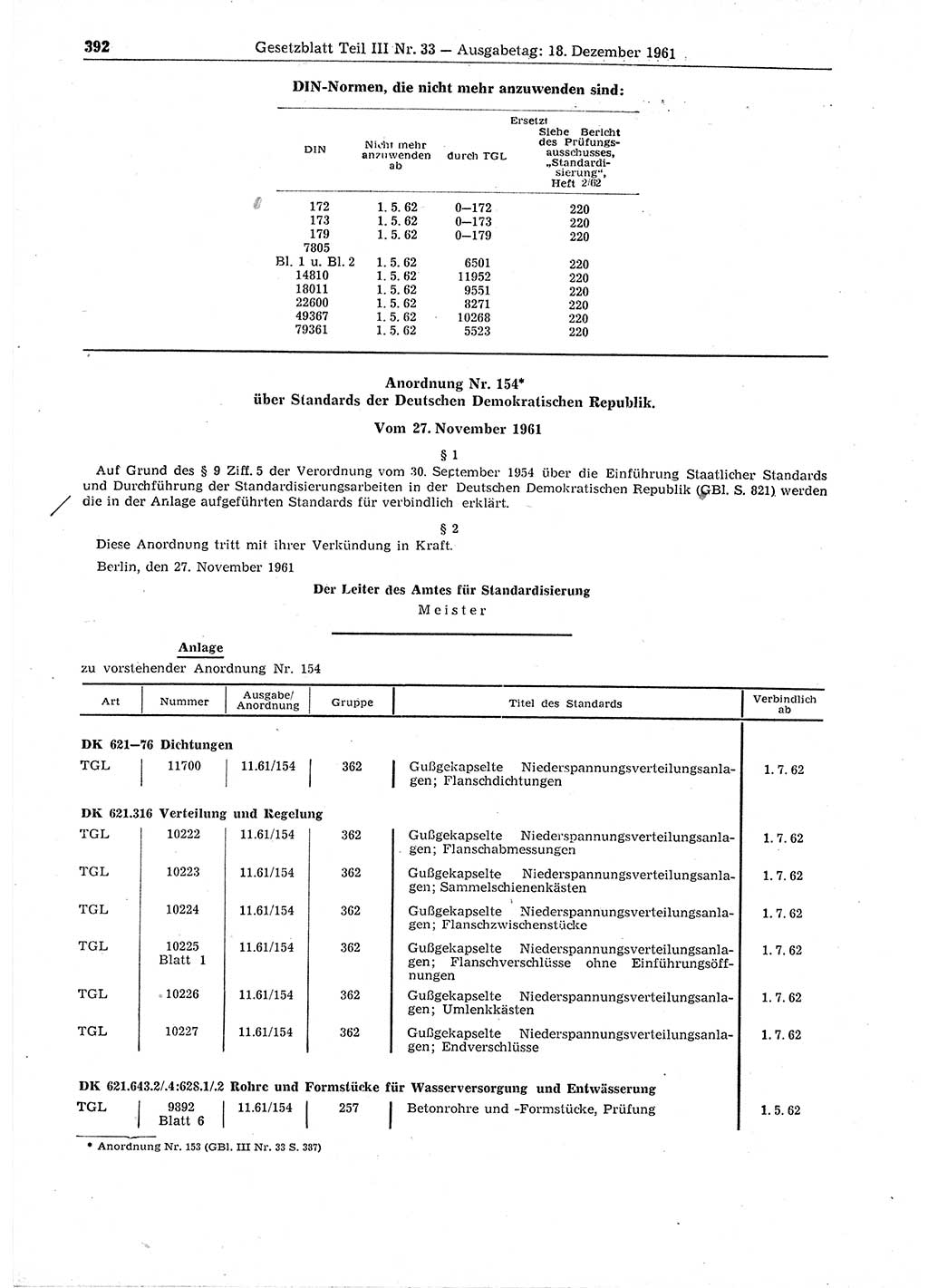 Gesetzblatt (GBl.) der Deutschen Demokratischen Republik (DDR) Teil ⅠⅠⅠ 1961, Seite 392 (GBl. DDR ⅠⅠⅠ 1961, S. 392)