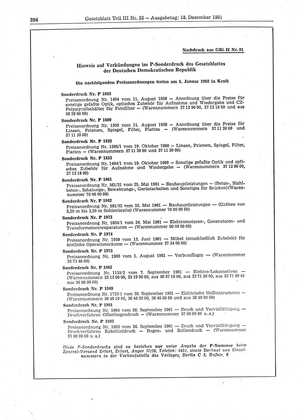 Gesetzblatt (GBl.) der Deutschen Demokratischen Republik (DDR) Teil ⅠⅠⅠ 1961, Seite 396 (GBl. DDR ⅠⅠⅠ 1961, S. 396)