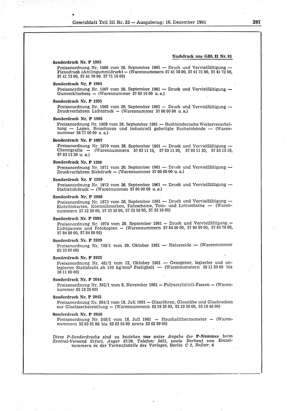Gesetzblatt (GBl.) der Deutschen Demokratischen Republik (DDR) Teil ⅠⅠⅠ 1961, Seite 397 (GBl. DDR ⅠⅠⅠ 1961, S. 397)