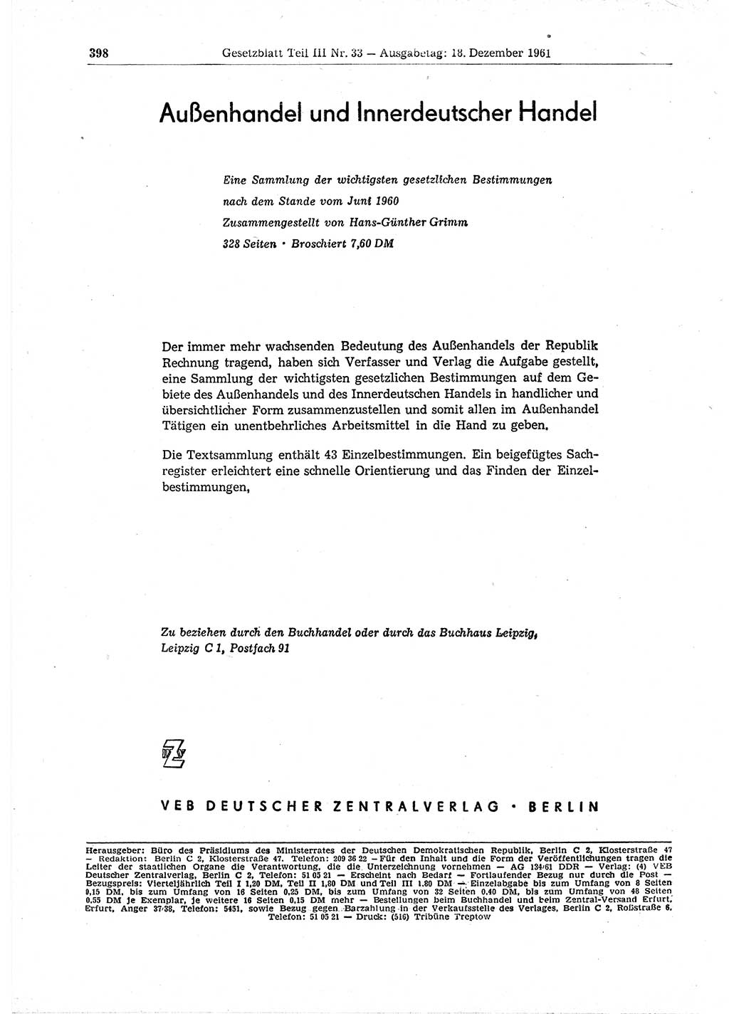 Gesetzblatt (GBl.) der Deutschen Demokratischen Republik (DDR) Teil ⅠⅠⅠ 1961, Seite 398 (GBl. DDR ⅠⅠⅠ 1961, S. 398)