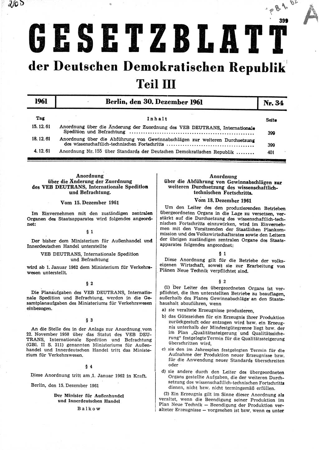 Gesetzblatt (GBl.) der Deutschen Demokratischen Republik (DDR) Teil ⅠⅠⅠ 1961, Seite 399 (GBl. DDR ⅠⅠⅠ 1961, S. 399)
