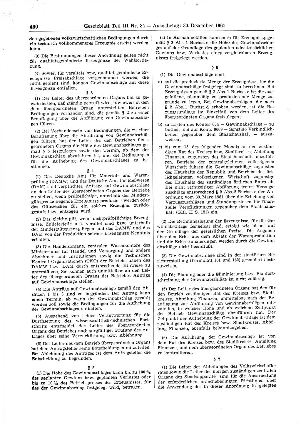 Gesetzblatt (GBl.) der Deutschen Demokratischen Republik (DDR) Teil ⅠⅠⅠ 1961, Seite 400 (GBl. DDR ⅠⅠⅠ 1961, S. 400)