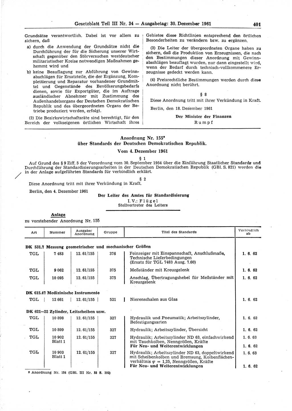 Gesetzblatt (GBl.) der Deutschen Demokratischen Republik (DDR) Teil ⅠⅠⅠ 1961, Seite 401 (GBl. DDR ⅠⅠⅠ 1961, S. 401)
