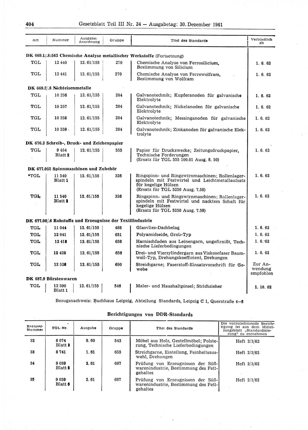 Gesetzblatt (GBl.) der Deutschen Demokratischen Republik (DDR) Teil ⅠⅠⅠ 1961, Seite 404 (GBl. DDR ⅠⅠⅠ 1961, S. 404)