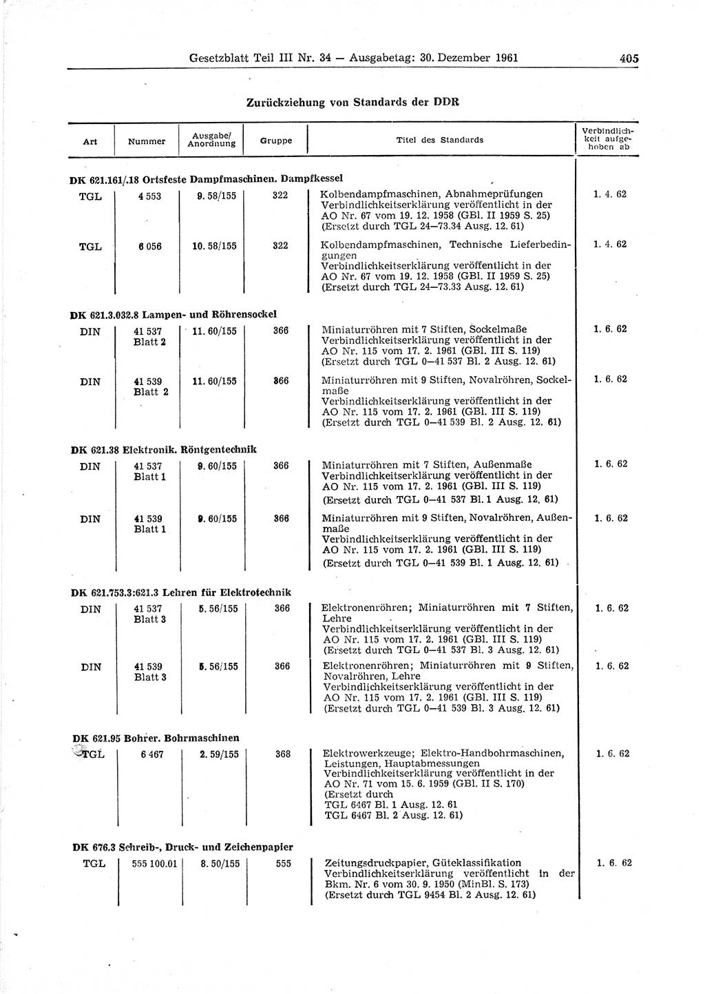 Gesetzblatt (GBl.) der Deutschen Demokratischen Republik (DDR) Teil ⅠⅠⅠ 1961, Seite 405 (GBl. DDR ⅠⅠⅠ 1961, S. 405)