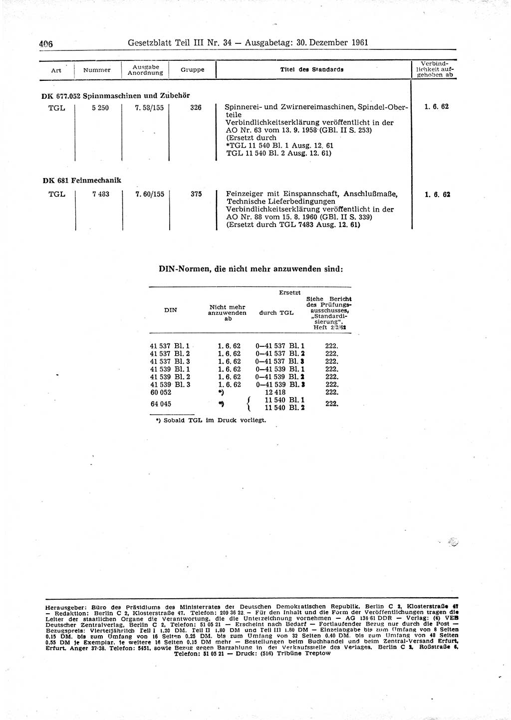 Gesetzblatt (GBl.) der Deutschen Demokratischen Republik (DDR) Teil ⅠⅠⅠ 1961, Seite 406 (GBl. DDR ⅠⅠⅠ 1961, S. 406)