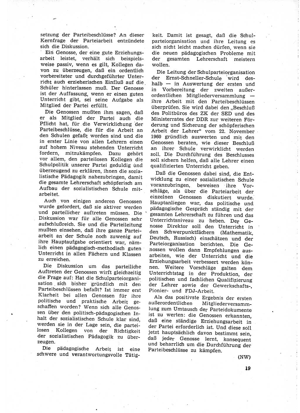 Neuer Weg (NW), Organ des Zentralkomitees (ZK) der SED (Sozialistische Einheitspartei Deutschlands) für Fragen des Parteilebens, 16. Jahrgang [Deutsche Demokratische Republik (DDR)] 1961, Seite 19 (NW ZK SED DDR 1961, S. 19)