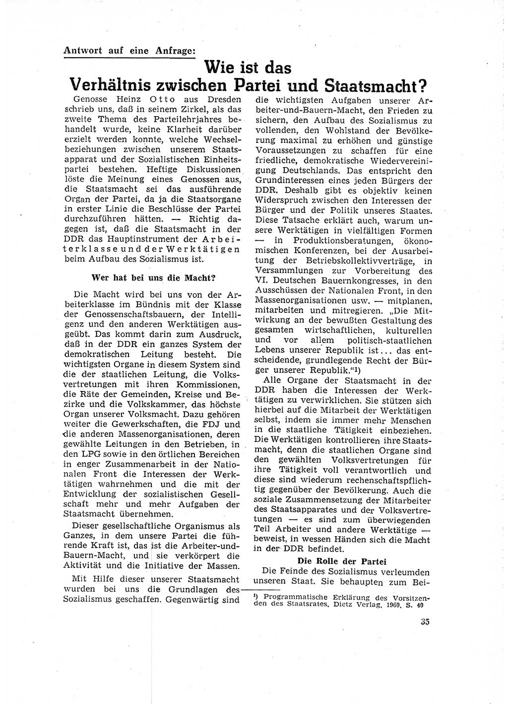 Neuer Weg (NW), Organ des Zentralkomitees (ZK) der SED (Sozialistische Einheitspartei Deutschlands) für Fragen des Parteilebens, 16. Jahrgang [Deutsche Demokratische Republik (DDR)] 1961, Seite 35 (NW ZK SED DDR 1961, S. 35)