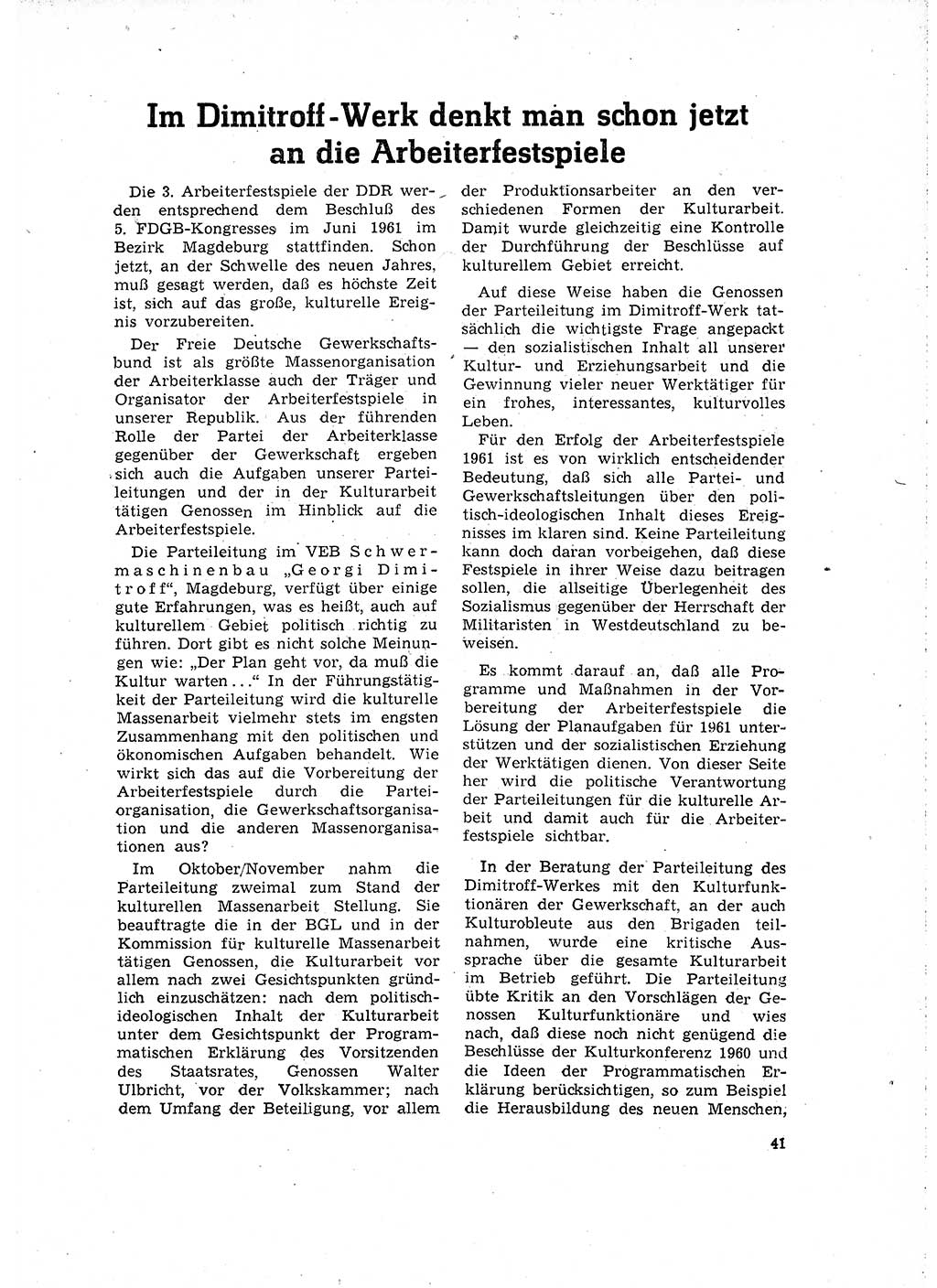 Neuer Weg (NW), Organ des Zentralkomitees (ZK) der SED (Sozialistische Einheitspartei Deutschlands) für Fragen des Parteilebens, 16. Jahrgang [Deutsche Demokratische Republik (DDR)] 1961, Seite 41 (NW ZK SED DDR 1961, S. 41)