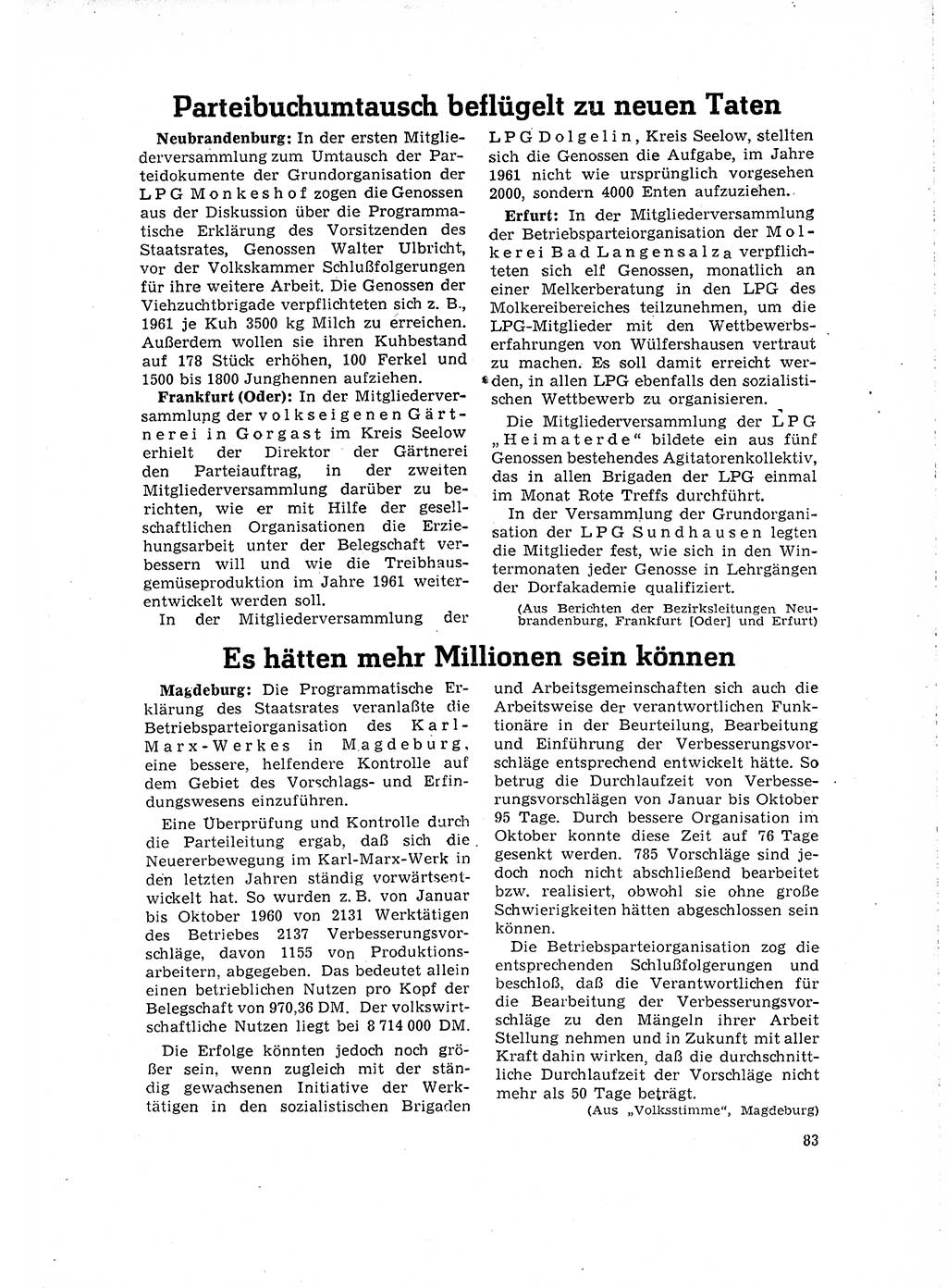 Neuer Weg (NW), Organ des Zentralkomitees (ZK) der SED (Sozialistische Einheitspartei Deutschlands) für Fragen des Parteilebens, 16. Jahrgang [Deutsche Demokratische Republik (DDR)] 1961, Seite 83 (NW ZK SED DDR 1961, S. 83)