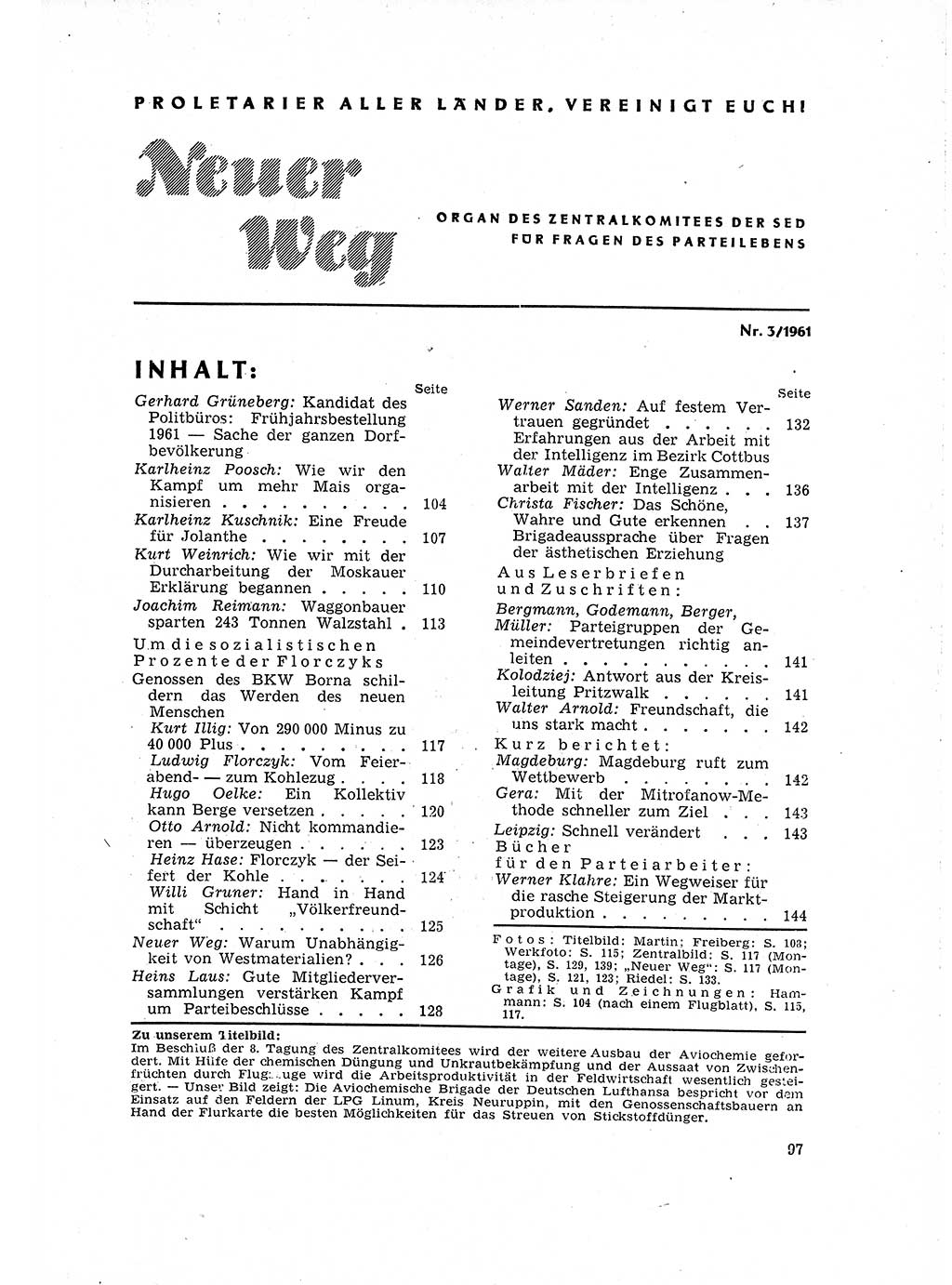 Neuer Weg (NW), Organ des Zentralkomitees (ZK) der SED (Sozialistische Einheitspartei Deutschlands) für Fragen des Parteilebens, 16. Jahrgang [Deutsche Demokratische Republik (DDR)] 1961, Seite 97 (NW ZK SED DDR 1961, S. 97)