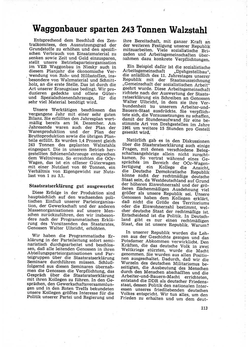Neuer Weg (NW), Organ des Zentralkomitees (ZK) der SED (Sozialistische Einheitspartei Deutschlands) für Fragen des Parteilebens, 16. Jahrgang [Deutsche Demokratische Republik (DDR)] 1961, Seite 113 (NW ZK SED DDR 1961, S. 113)