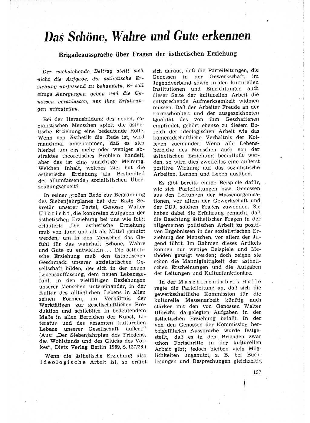 Neuer Weg (NW), Organ des Zentralkomitees (ZK) der SED (Sozialistische Einheitspartei Deutschlands) für Fragen des Parteilebens, 16. Jahrgang [Deutsche Demokratische Republik (DDR)] 1961, Seite 137 (NW ZK SED DDR 1961, S. 137)