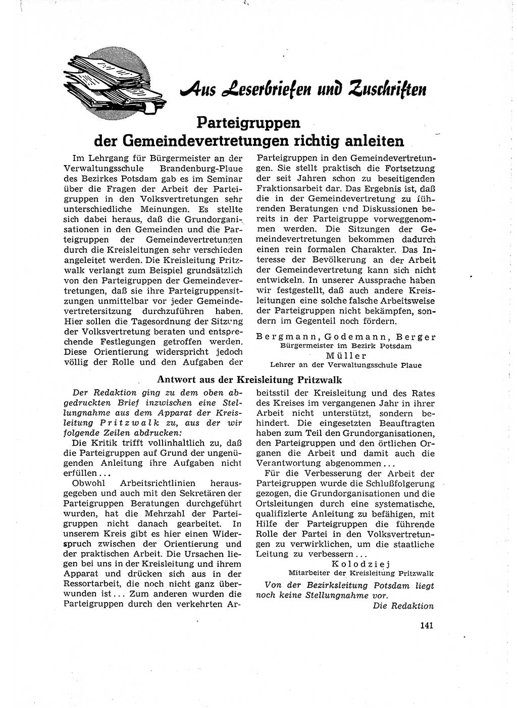 Neuer Weg (NW), Organ des Zentralkomitees (ZK) der SED (Sozialistische Einheitspartei Deutschlands) für Fragen des Parteilebens, 16. Jahrgang [Deutsche Demokratische Republik (DDR)] 1961, Seite 141 (NW ZK SED DDR 1961, S. 141)