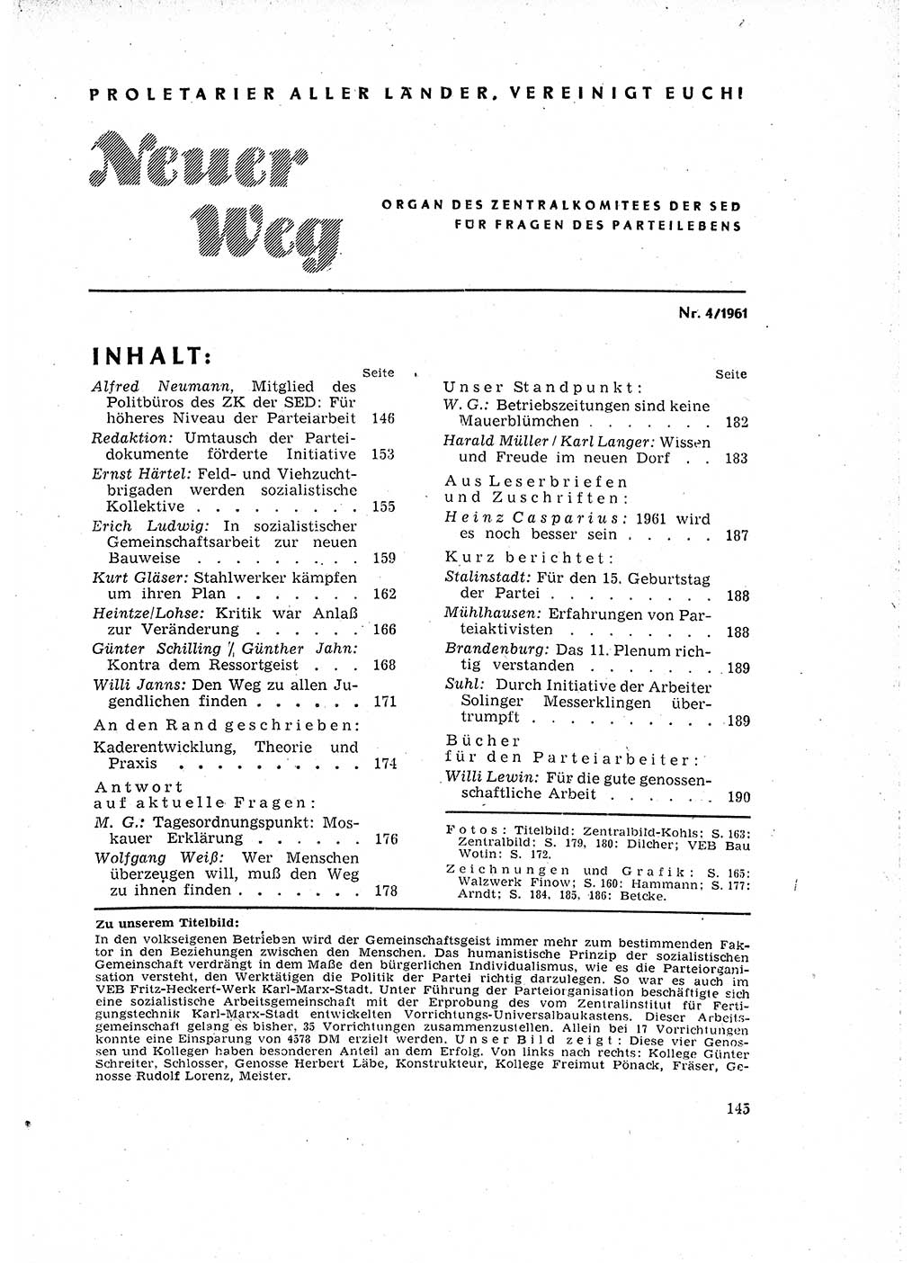 Neuer Weg (NW), Organ des Zentralkomitees (ZK) der SED (Sozialistische Einheitspartei Deutschlands) für Fragen des Parteilebens, 16. Jahrgang [Deutsche Demokratische Republik (DDR)] 1961, Seite 145 (NW ZK SED DDR 1961, S. 145)
