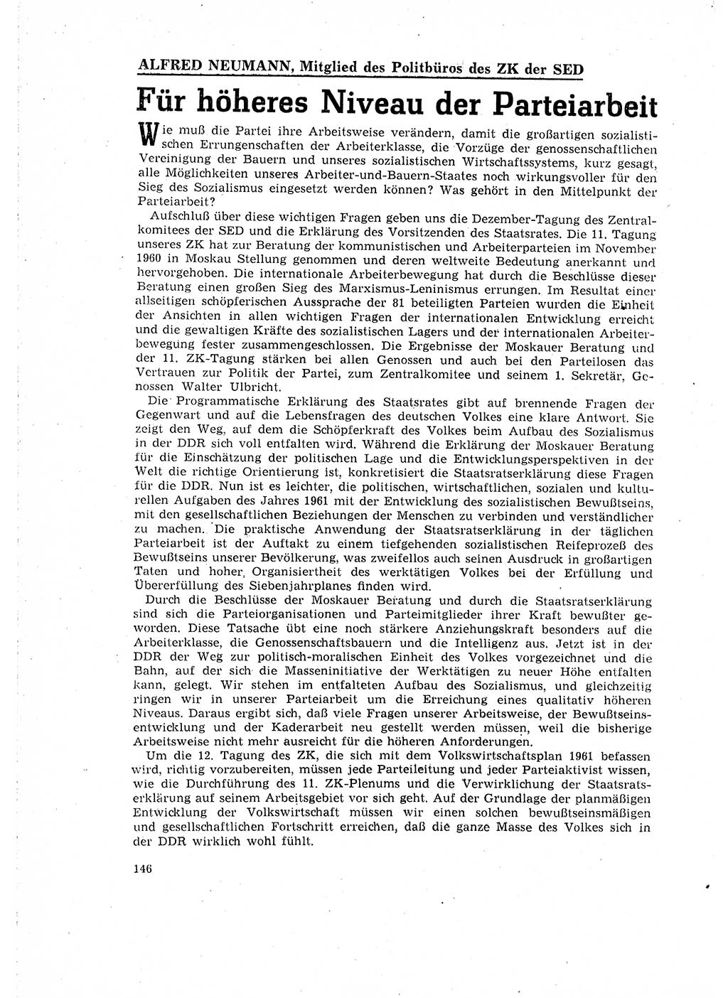 Neuer Weg (NW), Organ des Zentralkomitees (ZK) der SED (Sozialistische Einheitspartei Deutschlands) für Fragen des Parteilebens, 16. Jahrgang [Deutsche Demokratische Republik (DDR)] 1961, Seite 146 (NW ZK SED DDR 1961, S. 146)