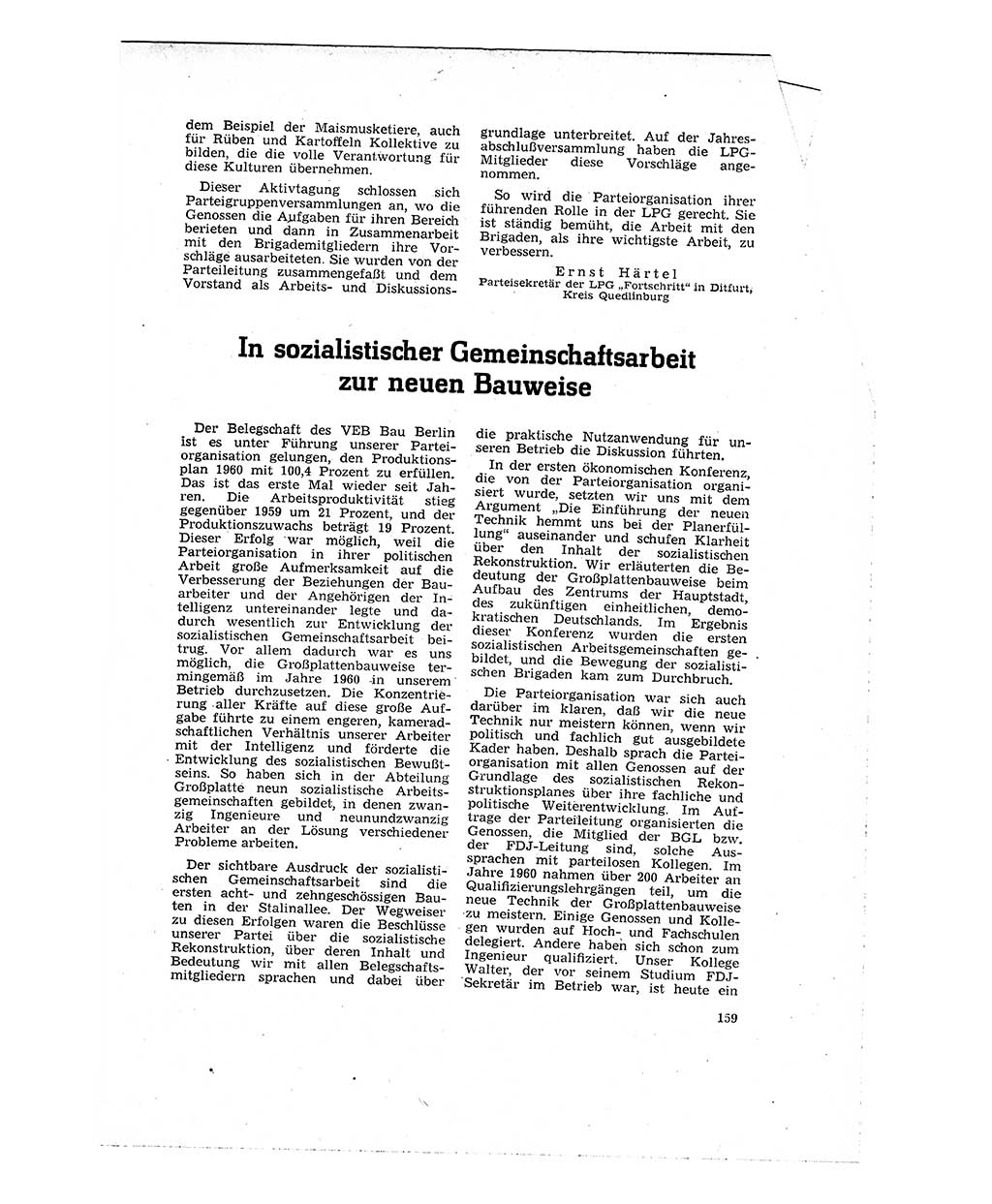 Neuer Weg (NW), Organ des Zentralkomitees (ZK) der SED (Sozialistische Einheitspartei Deutschlands) für Fragen des Parteilebens, 16. Jahrgang [Deutsche Demokratische Republik (DDR)] 1961, Seite 159 (NW ZK SED DDR 1961, S. 159)