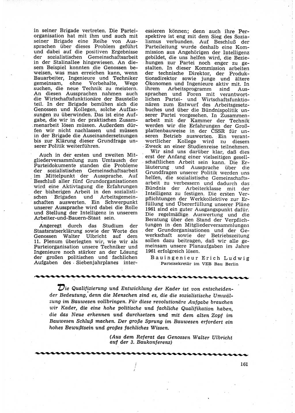 Neuer Weg (NW), Organ des Zentralkomitees (ZK) der SED (Sozialistische Einheitspartei Deutschlands) für Fragen des Parteilebens, 16. Jahrgang [Deutsche Demokratische Republik (DDR)] 1961, Seite 161 (NW ZK SED DDR 1961, S. 161)