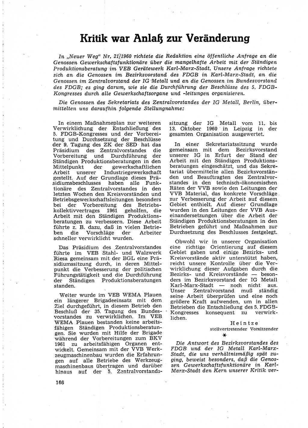 Neuer Weg (NW), Organ des Zentralkomitees (ZK) der SED (Sozialistische Einheitspartei Deutschlands) für Fragen des Parteilebens, 16. Jahrgang [Deutsche Demokratische Republik (DDR)] 1961, Seite 166 (NW ZK SED DDR 1961, S. 166)