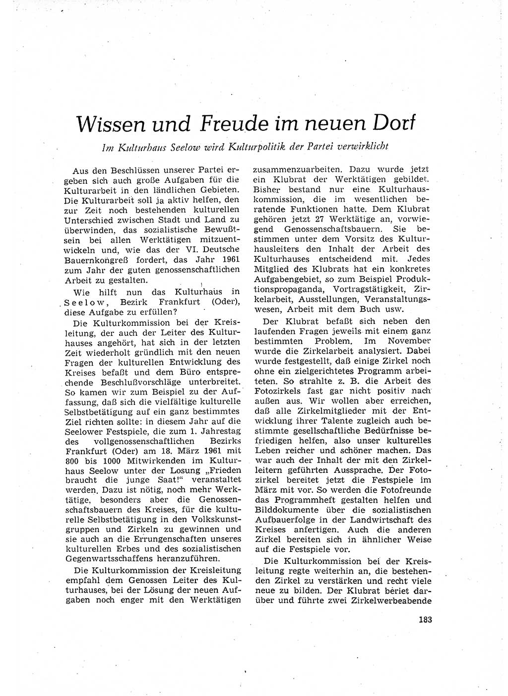 Neuer Weg (NW), Organ des Zentralkomitees (ZK) der SED (Sozialistische Einheitspartei Deutschlands) für Fragen des Parteilebens, 16. Jahrgang [Deutsche Demokratische Republik (DDR)] 1961, Seite 183 (NW ZK SED DDR 1961, S. 183)