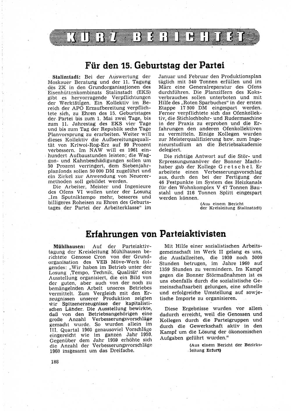 Neuer Weg (NW), Organ des Zentralkomitees (ZK) der SED (Sozialistische Einheitspartei Deutschlands) für Fragen des Parteilebens, 16. Jahrgang [Deutsche Demokratische Republik (DDR)] 1961, Seite 188 (NW ZK SED DDR 1961, S. 188)