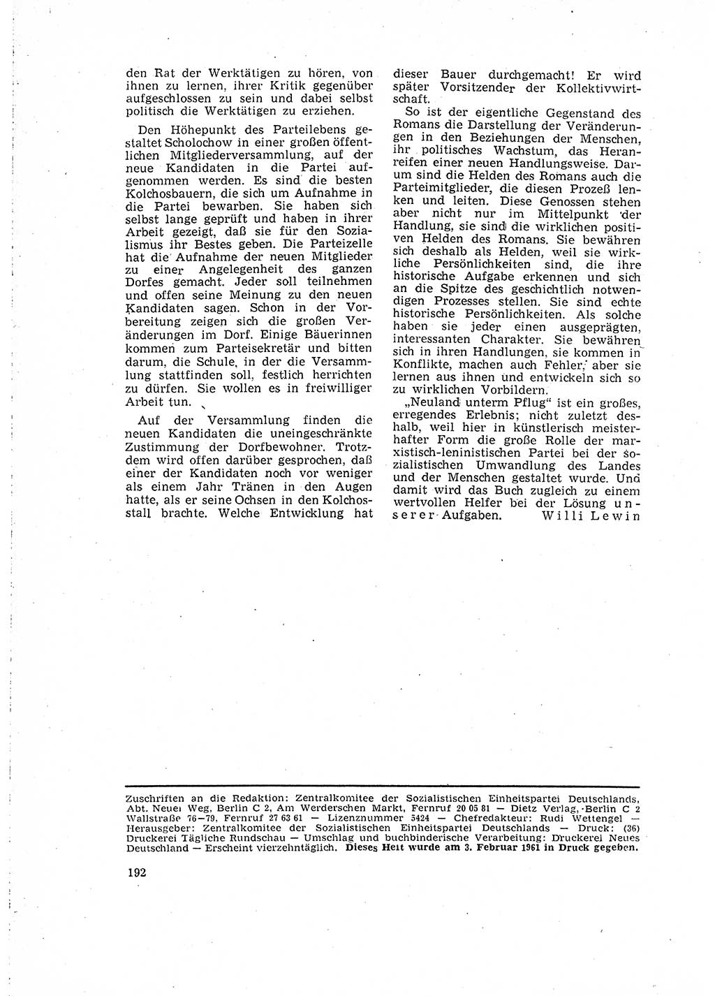 Neuer Weg (NW), Organ des Zentralkomitees (ZK) der SED (Sozialistische Einheitspartei Deutschlands) für Fragen des Parteilebens, 16. Jahrgang [Deutsche Demokratische Republik (DDR)] 1961, Seite 192 (NW ZK SED DDR 1961, S. 192)