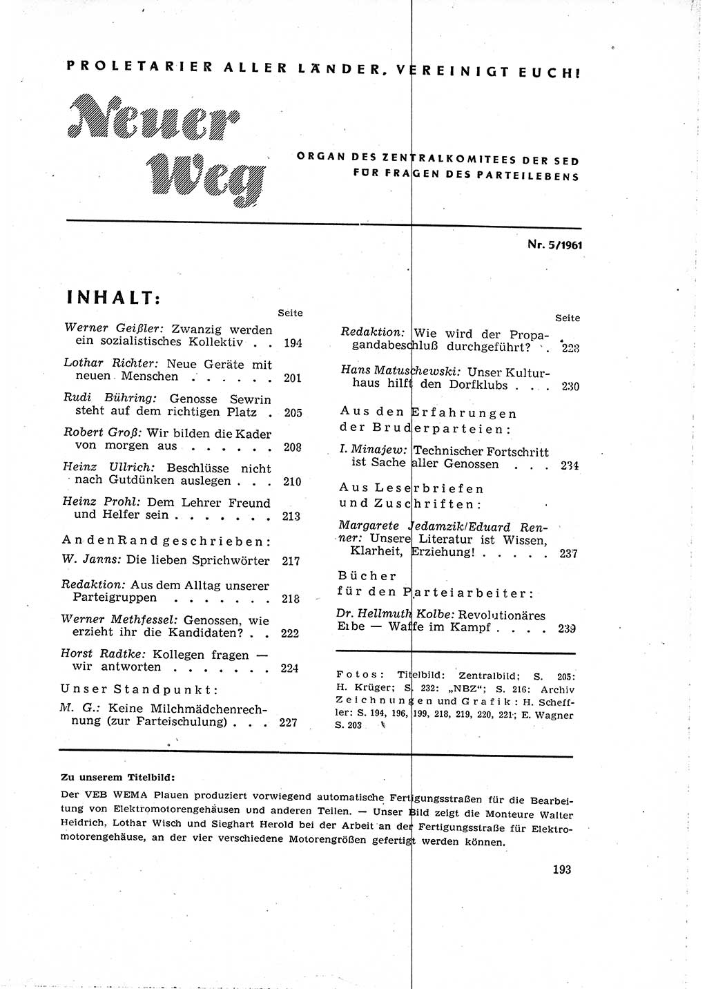 Neuer Weg (NW), Organ des Zentralkomitees (ZK) der SED (Sozialistische Einheitspartei Deutschlands) für Fragen des Parteilebens, 16. Jahrgang [Deutsche Demokratische Republik (DDR)] 1961, Seite 193 (NW ZK SED DDR 1961, S. 193)